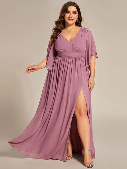 Plus Size Half Sleeve Pleated A-Line V-Neck Chiffon Bridesmaid Dress