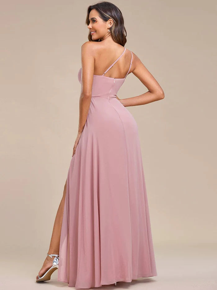 Waist Applique One-Shoulder A-Line Bridesmaid Dress with High Slit