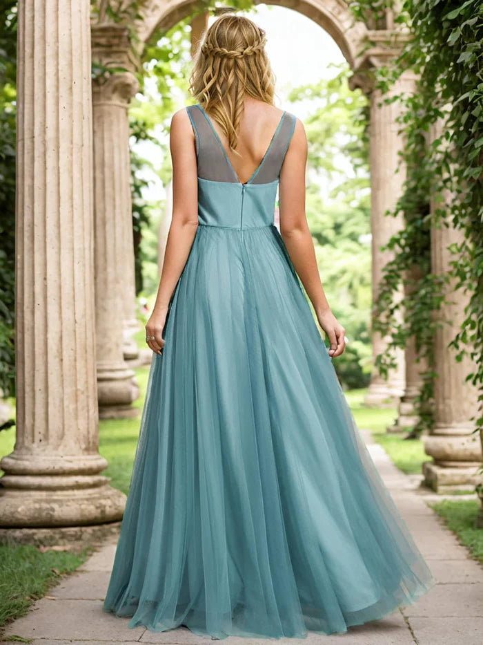 See-Through Shoulder Strap Flower Decoration Tulle Bridesmaid Dress