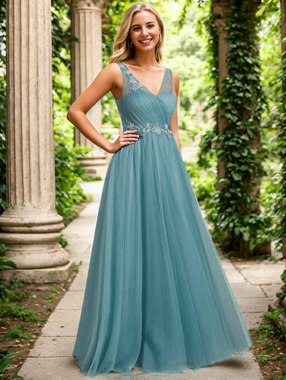 See-Through Shoulder Strap Flower Decoration Tulle Bridesmaid Dress