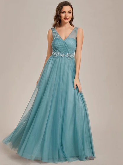 See-Through Shoulder Strap Flower Decoration Tulle Bridesmaid Dress