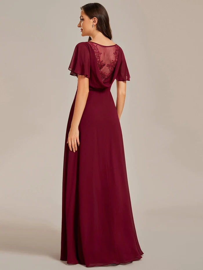 Back See-Through Swing Collar Applique Ruffles Sleeve A-Line Evening Dress