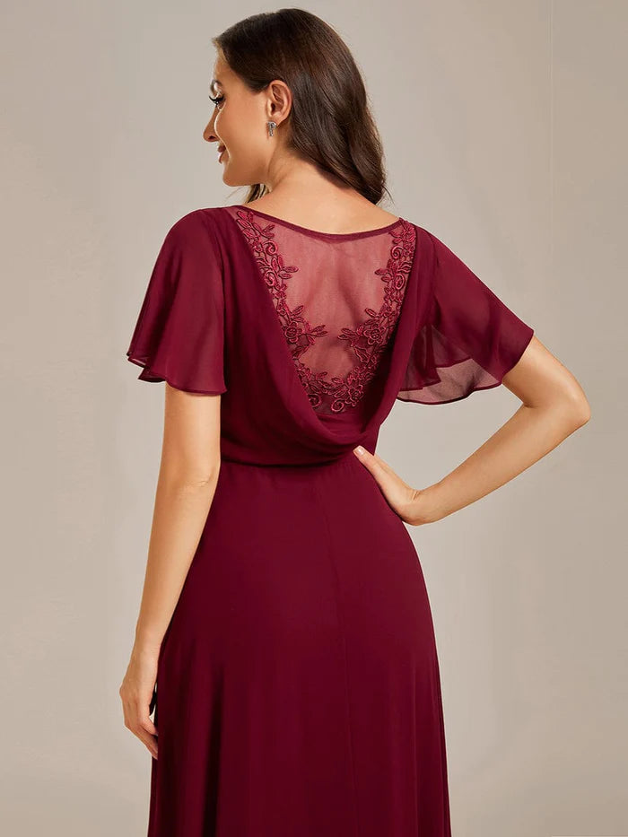 Back See-Through Swing Collar Applique Ruffles Sleeve A-Line Evening Dress