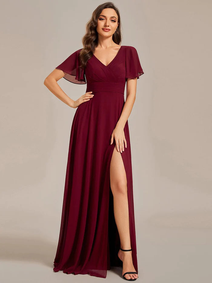 Back See-Through Swing Collar Applique Ruffles Sleeve A-Line Evening Dress