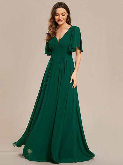 Simple Chiffon Short Sleeves Empire Waist A-Line Maxi Bridesmaid Dress