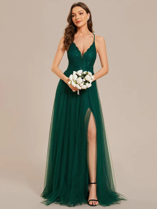 Spaghetti Straps Cross-Back Lace Top A-Line High Slit Tulle Bridesmaid Dress