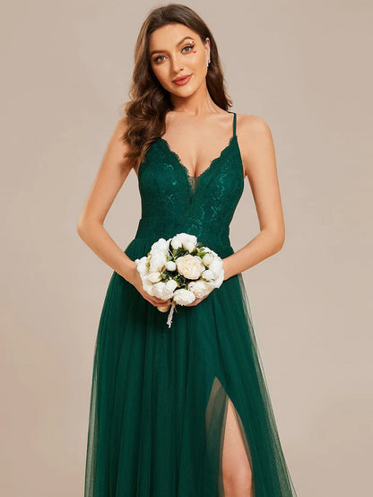 Spaghetti Straps Cross-Back Lace Top A-Line High Slit Tulle Bridesmaid Dress