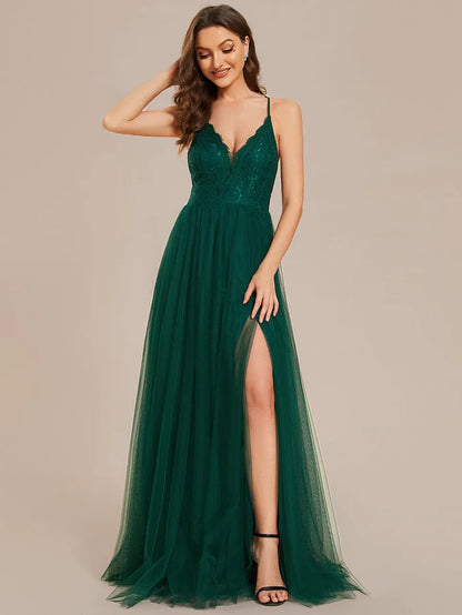 Spaghetti Straps Cross-Back Lace Top A-Line High Slit Tulle Bridesmaid Dress