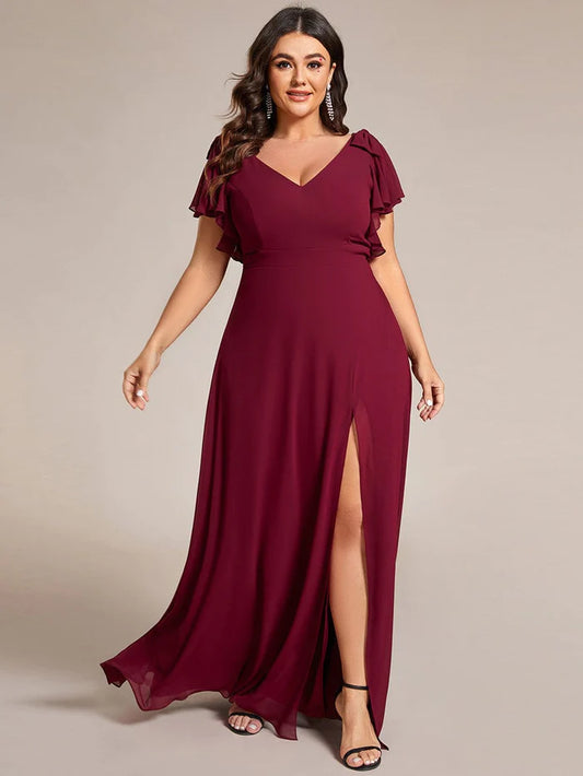 Plus Size Split Ruffles Sleeves with Bowknot Double V-neck Chiffon Bridesmaid Dress