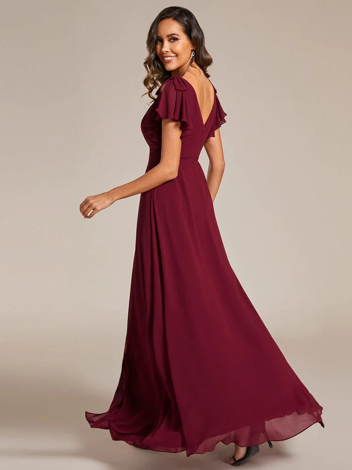 Short Sleeves with Bowknot High Front Slit A-Line Chiffon Bridesmaid Dress