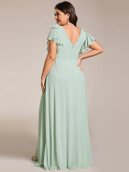 Plus Size Split Ruffles Sleeves with Bowknot Double V-neck Chiffon Bridesmaid Dress