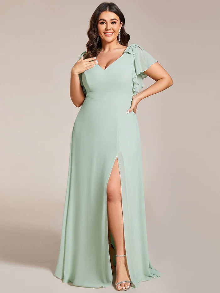 Plus Size Split Ruffles Sleeves with Bowknot Double V-neck Chiffon Bridesmaid Dress