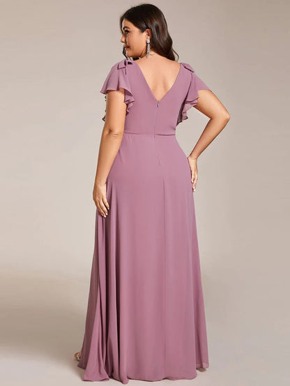 Plus Size Split Ruffles Sleeves with Bowknot Double V-neck Chiffon Bridesmaid Dress