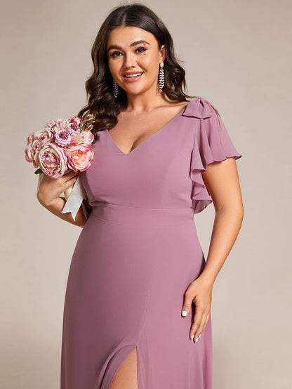 Plus Size Split Ruffles Sleeves with Bowknot Double V-neck Chiffon Bridesmaid Dress