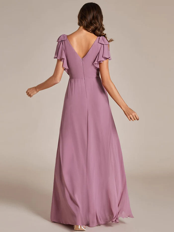 Short Sleeves with Bowknot High Front Slit A-Line Chiffon Bridesmaid Dress