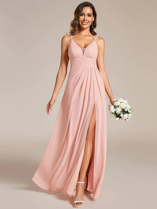 Deep V-Neck High Front Slit Spaghetti Strap Back X-Cross Bridesmaid Dress