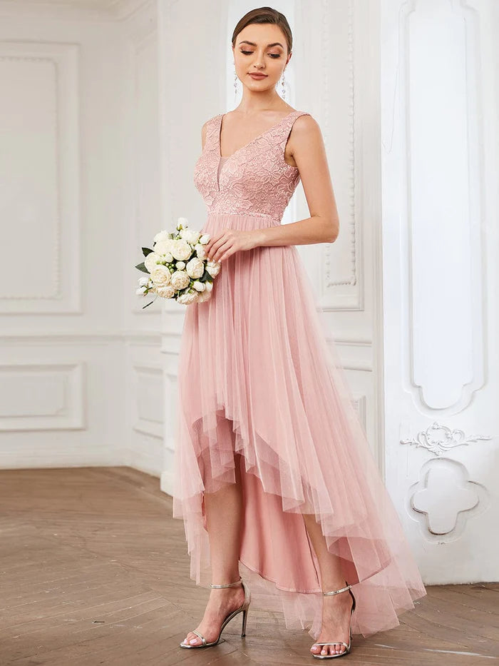 Lace Sleeveless V-Neck Backless High Low Bridesmaid Dress