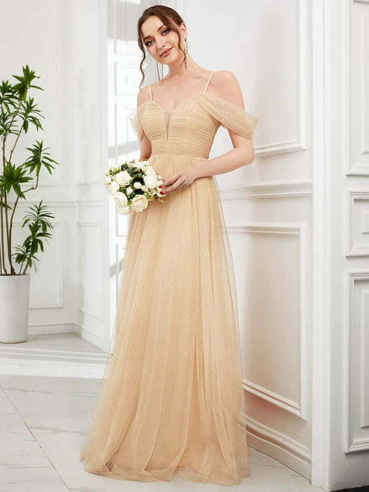 Cold Shoulder Spaghetti Strap Pleated Sequin Tulle Bridesmaid Dress