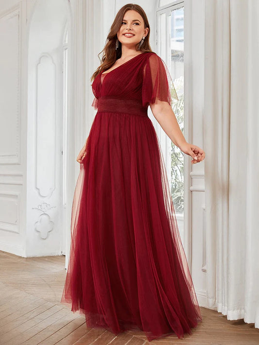 Plus Size Pleated A-Line Short Sleeve Double V-Neck Tulle Bridesmaid Dress