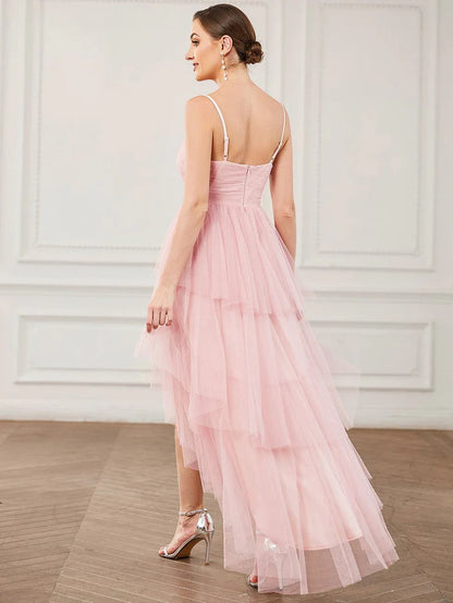 Tulle Spaghetti Strap Ruffled High-Low Bridesmaid Dress