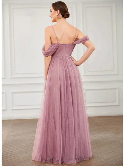 Draped Sleeve Spaghetti Strap A-Line Tulle Bridesmaid Dress