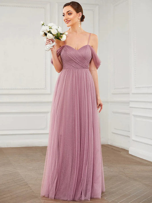 Draped Sleeve Spaghetti Strap A-Line Tulle Bridesmaid Dress