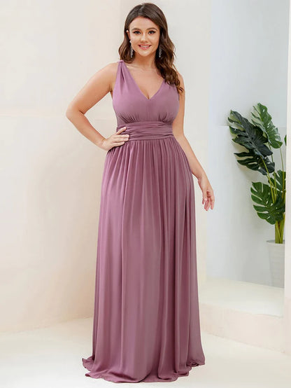 Sleeveless V-Neck Plain Chiffon Maxi Bridesmaid Dress