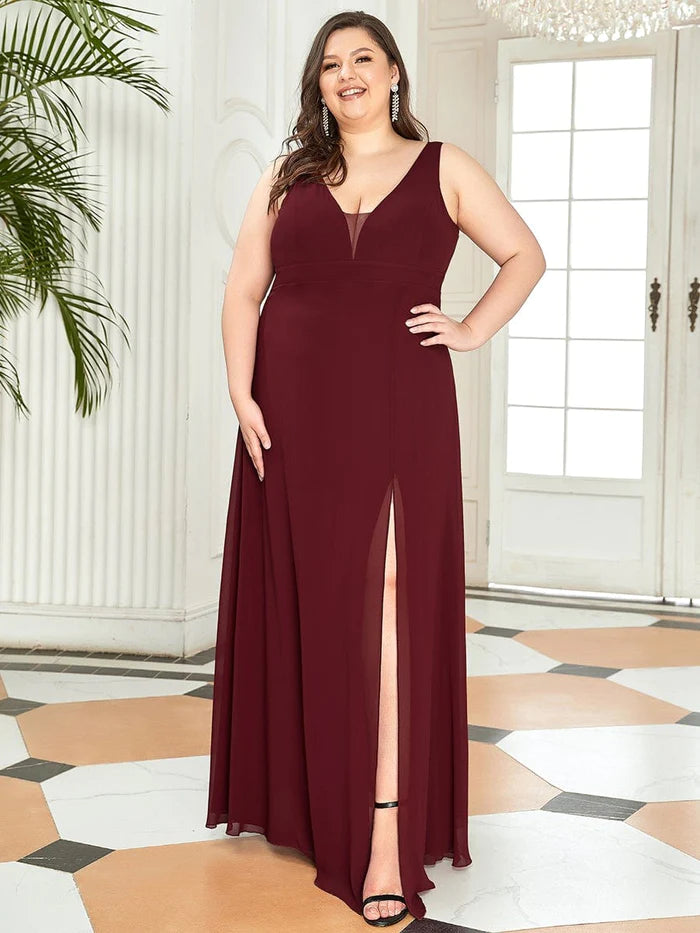 Plus Size Bow Tie Backless Chiffon High Slit Bridesmaid Dress