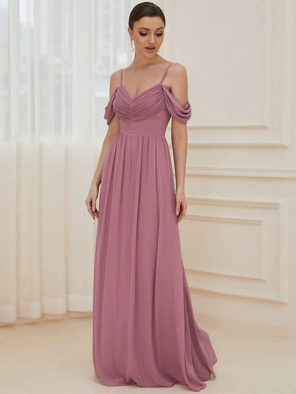 Pleated V-Neck Cold Shoulder Bridesmaid Dress