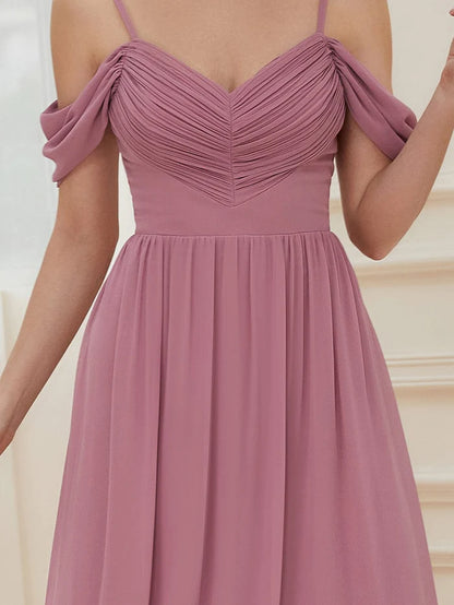 Pleated V-Neck Cold Shoulder Bridesmaid Dress