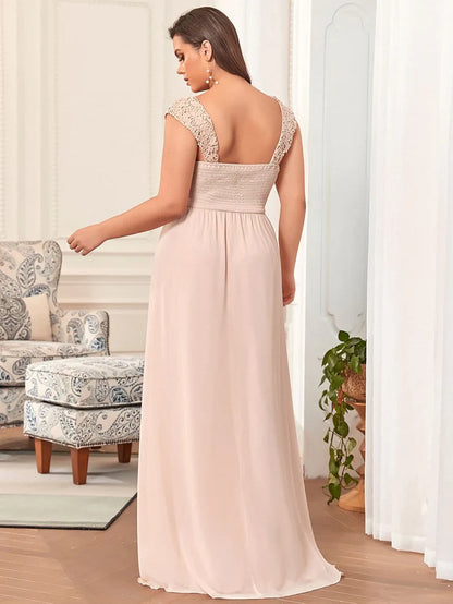 Plus Size Elegant A Line Long Chiffon Bridesmaid Dress With Lace Bodice