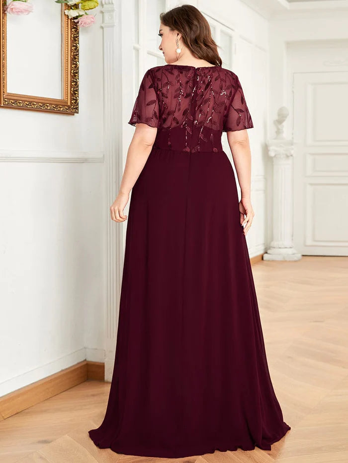 Plus Size V Neck Long Empire Formal Dresses with Sleeves