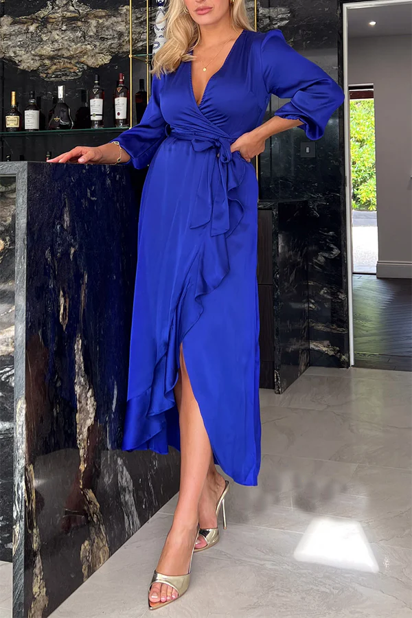 V-neck A-line 3/4 sleeve Empire ruffle mother of the bride dress