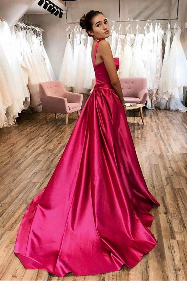 Hot Pink A-line Satin Long Prom Dress Court Train Evening Dress