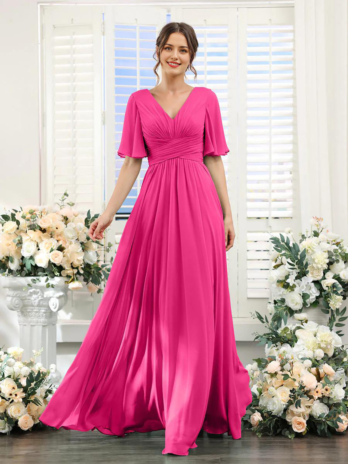 A-shaped V-shaped leader bridesmaid dress suitable for wedding guests long chiffon formal slit party dress