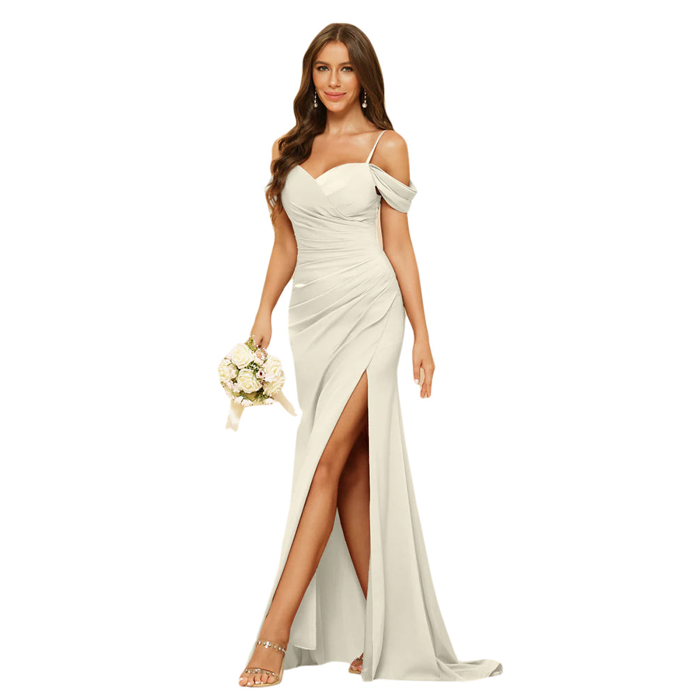 Sheath/Column Off-The-Shoulder Spaghetti Straps Long Formal Dresses With Split Side