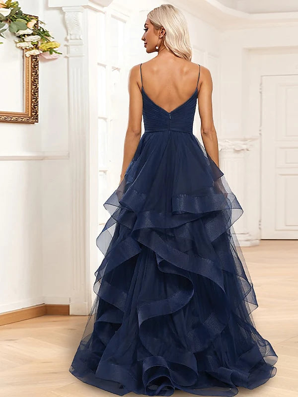 Ruffle edge A-line/Princess floor mop sleeveless prom dress