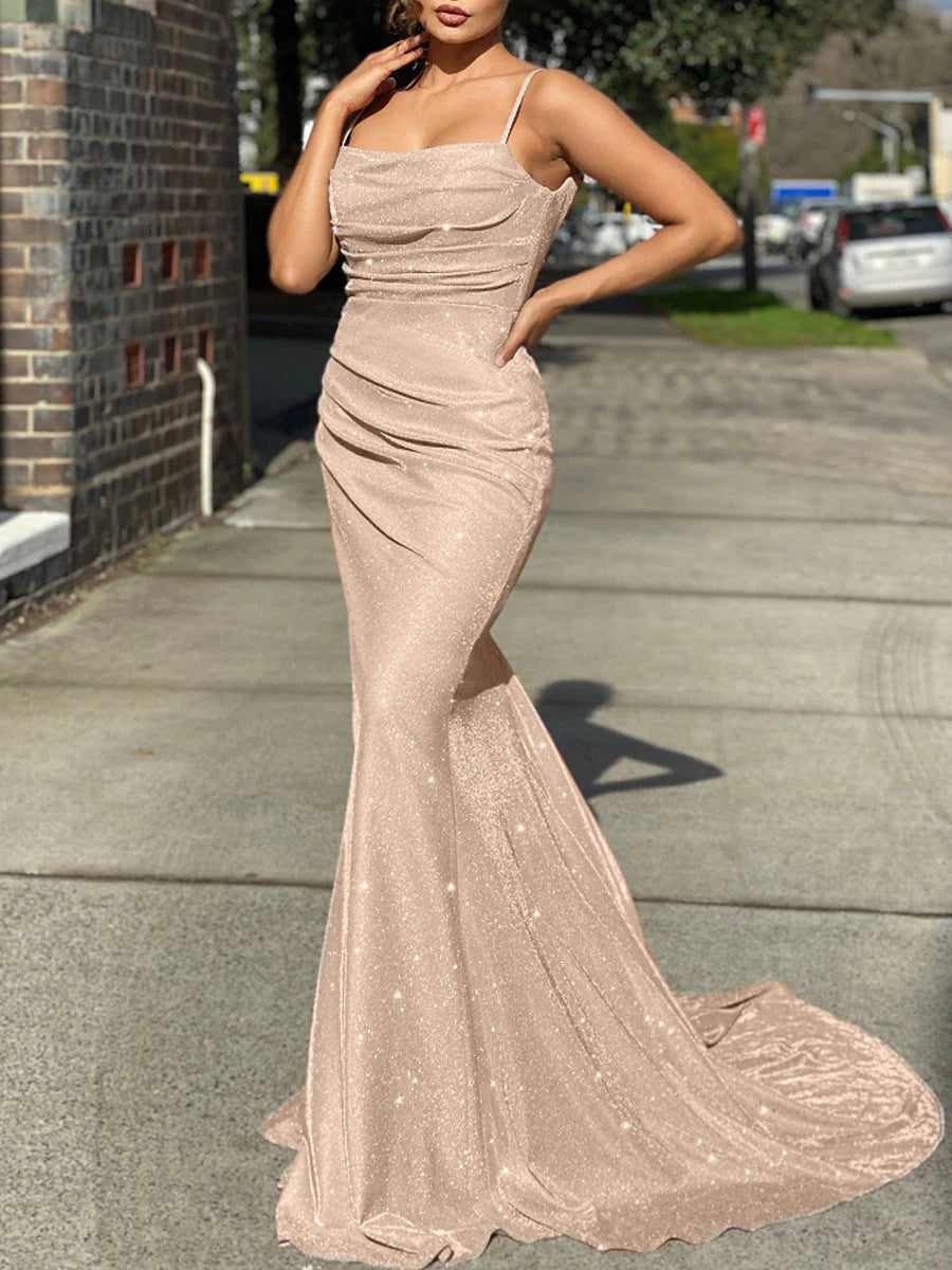 Mermaid Spaghetti Straps Open Back Prom Dresses Polyester Floor Length Evening Dresses