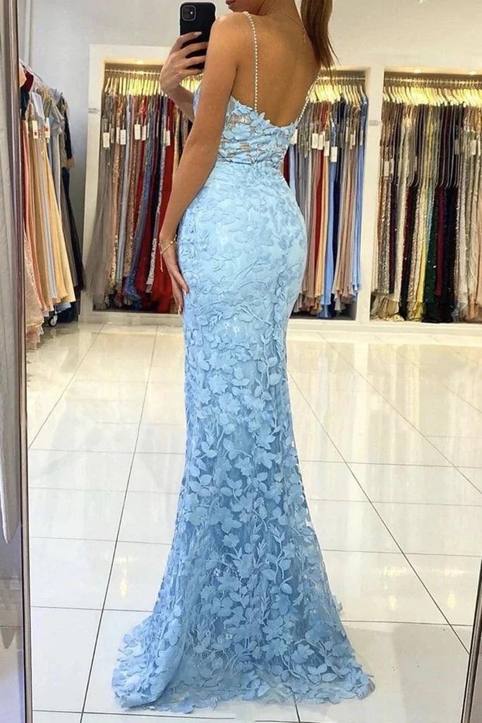 Mermaid V Neck Backless Blue Lace Long Prom Evening Dress