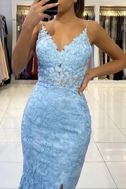 Mermaid V Neck Backless Blue Lace Long Prom Evening Dress