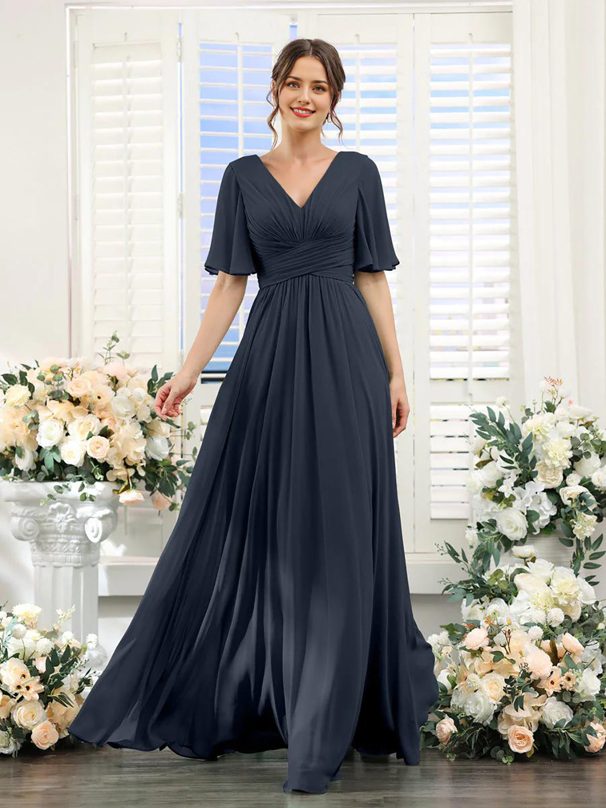 A-shaped V-shaped leader bridesmaid dress suitable for wedding guests long chiffon formal slit party dress