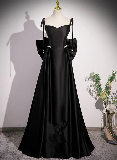 Fashionable black pearl satin ball dress A-line/princess thin shoulder strap sleeveless backless bow and floor/long formal dress evening dress