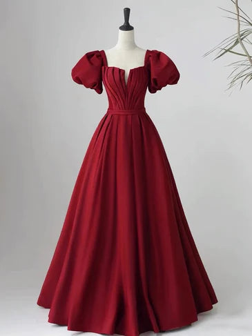 Elegant wine red short sleeved A-line ground party dress, wine red backless strap long evening dress