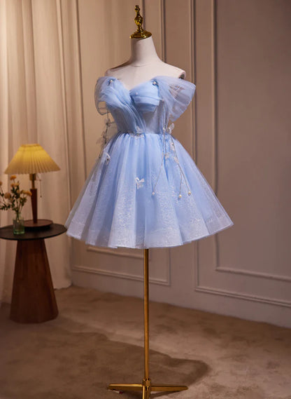 Charming Sky Blue Sequins Off Shoulder Short Sleeve Applique Short Party Dress Sky Blue Off Back Homecoming Dresses