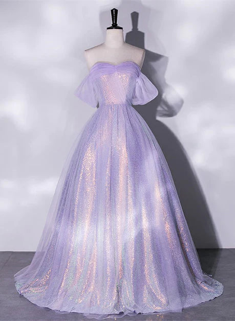 Lavender A-line Sweetheart Collar sheer sequin pink long ball dress, pink off shoulder sheer evening dress