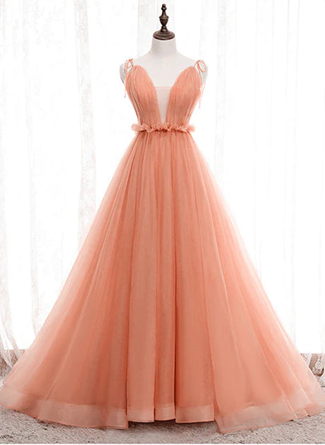 A-line sheer shoulder strap low back wedding party, pink sheer backless long evening dress