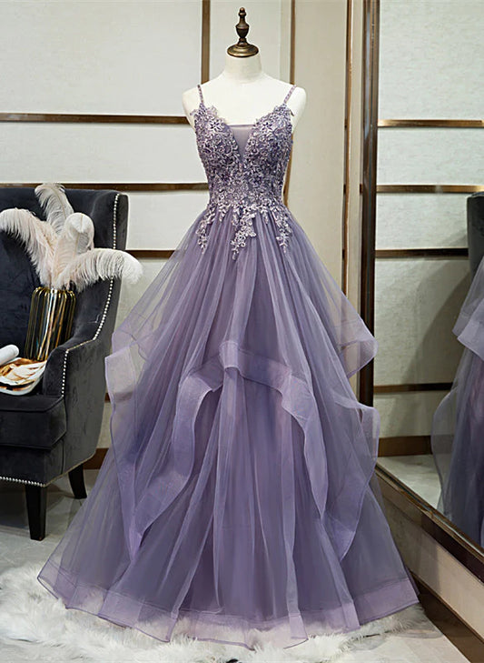 Elegant Lavender Sleeveless Beaded Crystal Sequin Lace Evening Dress Lavender A-line Thin Shoulder Straps Off the Back and Floor Length Evening Dress