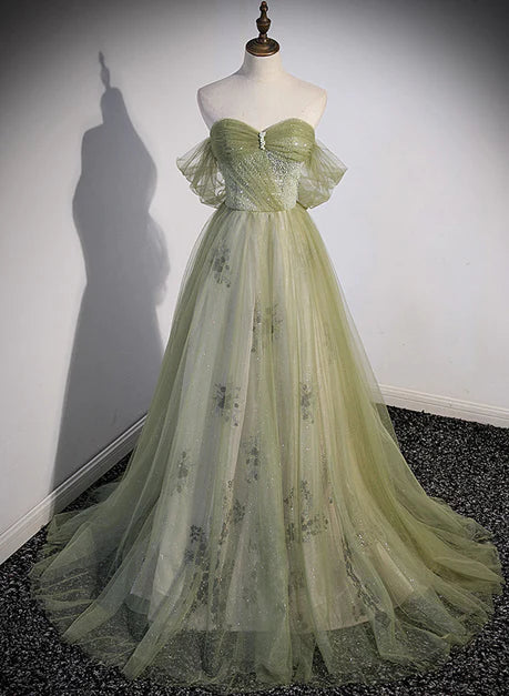 Charming light green sweet tulle beaded party dress, green A-line/princess off shoulder short sleeved off back and floor length evening dress