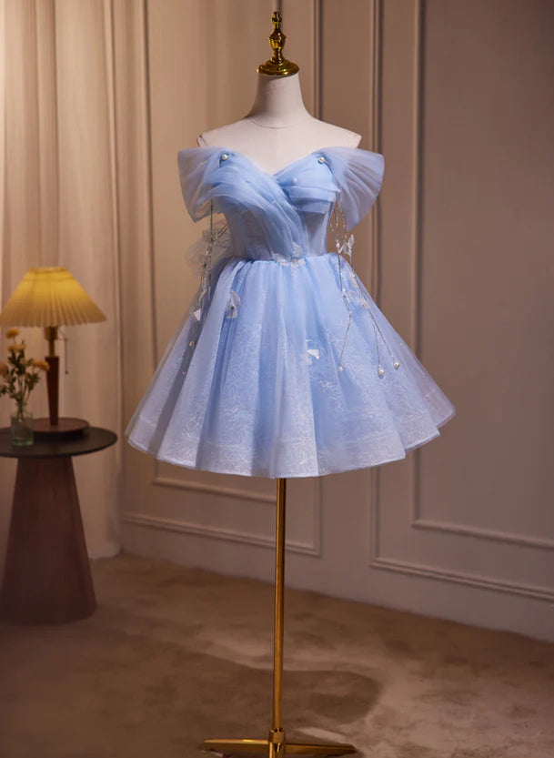 Charming Sky Blue Sequins Off Shoulder Short Sleeve Applique Short Party Dress Sky Blue Off Back Homecoming Dresses