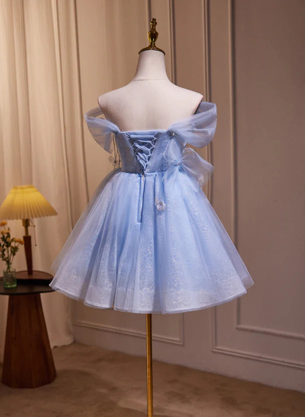 Charming Sky Blue Sequins Off Shoulder Short Sleeve Applique Short Party Dress Sky Blue Off Back Homecoming Dresses